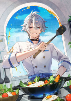 1boy alternate_costume antenna_hair blue_eyes buttons chef commentary_request cooking double-breasted food fried_egg grin hair_between_eyes holding holding_spatula honkai:_star_rail honkai_(series) indoors jacket male_focus neck_tattoo orsat phainon_(honkai:_star_rail) salad short_hair smile solo spatula stove tattoo tofu upper_body white_hair white_jacket window wok