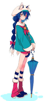 1girl alternate_costume alternate_hair_color alternate_hairstyle animal_ear_fluff animal_ears armband bell beret blue_hair blue_jacket blue_shoes blue_socks blue_umbrella bow braid braided_ponytail casual closed_mouth closed_umbrella commentary ears_through_headwear expressionless from_side full_body fur-trimmed_legwear fur_trim hair_between_eyes hair_bow hair_ornament hairclip hat henriiku_(ahemaru) highres holding holding_umbrella hololive jacket jingle_bell leg_warmers long_hair multicolored_hair neck_bell neckerchief ookami_mio orange_armband orange_eyes red_bow red_hair red_leg_warmers red_neckerchief red_shorts shoes shorts simple_background socks solo standing streaked_hair striped_clothes striped_socks tail tail_around_own_leg two-tone_socks umbrella virtual_youtuber white_background white_hair white_hat white_socks wolf_ears wolf_girl wolf_tail