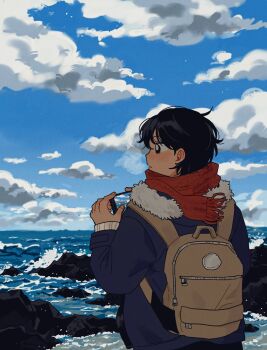 Rule 34 | 1girl, backpack, bag, black eyes, black hair, blue coat, blue sky, blush, bright pupils, cellphone, closed mouth, cloud, cloudy sky, coat, day, highres, long sleeves, ocean, original, outdoors, phone, red scarf, scarf, short hair, sihyun25, sky, smartphone, solo, water, white pupils