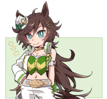 1girl ahoge animal_ears bare_shoulders beer_hsk blue_eyes brown_choker brown_hair choker closed_mouth cropped_jacket green_background hair_between_eyes hair_ornament hairclip hat horse_ears horse_girl horse_tail jacket long_hair long_sleeves looking_at_viewer mini_hat mini_top_hat mr._c.b._(umamusume) navel pants single_sleeve smile solo star_(symbol) tail tilted_headwear top_hat two-tone_background umamusume very_long_hair white_background white_hat white_jacket white_pants