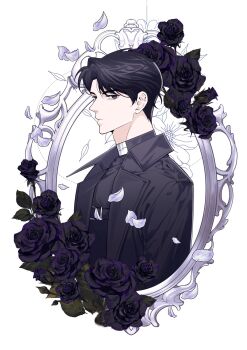 Rule 34 | 1boy, black coat, black eyes, black flower, black hair, black rose, black shirt, border, coat, falling petals, flower, highres, imgeun, limited palette, looking at viewer, male focus, omniscient reader's viewpoint, open clothes, open coat, ornate border, petals, popped collar, rose, shirt, short hair, solo, upper body, yoo joonghyuk