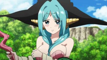 10s 1girl animated animated_gif aqua_hair bare_shoulders bikini blush breasts cleavage female_focus large_breasts magi_the_labyrinth_of_magic shell shell_bikini talking yamuraiha