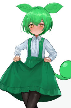 1girl absurdres black_pantyhose blush buttons collared_shirt commentary_request cowboy_shot crossed_legs curtsey flat_chest green_skirt hair_between_eyes highres long_hair long_sleeves looking_at_viewer naonaonina ojou-sama_zundamon open_mouth pantyhose pea_pod shirt simple_background skirt solo suspender_skirt suspenders very_long_hair voiceroid voicevox white_background white_shirt yellow_eyes zundamon