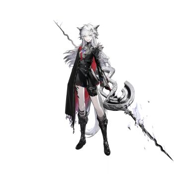 1girl animal_ears arknights blue_eyes full_body highres huanxiang_heitu lappland_(arknights) lappland_the_decadenza_(arknights) official_alternate_costume official_art simple_background solo standing tachi-e third-party_source transparent_background white_hair wolf_ears wolf_girl