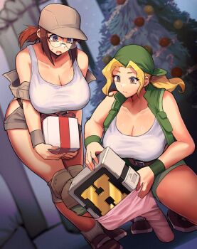 2girls bandana bare_shoulders belt bent_over blonde_hair box breasts brown_belt brown_hair brown_hat brown_shoes brown_shorts brown_vest christmas christmas_tree cleavage closed_mouth collarbone commentary_request field_cap fio_germi gift gift_box glasses green_bandana green_vest hat highres holding holding_gift huge_breasts kasamoto_eri knee_pads madsensei metal_slug multiple_girls off_shoulder open_clothes open_mouth open_vest rimless_eyewear shoes short_shorts shorts small_sweatdrop squatting standing tank_top vest white_tank_top