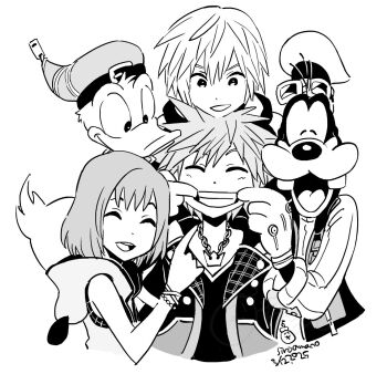1girl 2025 5boys amano_shiro chain chain_necklace dated disney dog_boy donald_duck duck_boy eyewear_on_head goofy highres hood jewelry kairi_(kingdom_hearts) kingdom_hearts medium_hair mickey_mouse_&amp;_friends monochrome multiple_boys necklace open_mouth riku_(kingdom_hearts) simple_background sleeveless smile sora_(kingdom_hearts) spiked_hair white_background