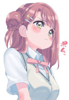 1girl :t blunt_bangs braid braided_bun breasts bun_with_braided_base collared_shirt commentary cream_(nipakupa) dress_shirt grey_sweater_vest hair_bun hair_ornament hairclip half_updo love_live! love_live!_nijigasaki_high_school_idol_club medium_breasts medium_hair neck_ribbon nijigasaki_school_uniform pink_hair pink_ribbon pout ribbon school_uniform shirt short_sleeves simple_background single_side_bun solo summer_uniform sweater_vest swept_bangs uehara_ayumu upper_body white_background white_shirt yellow_eyes