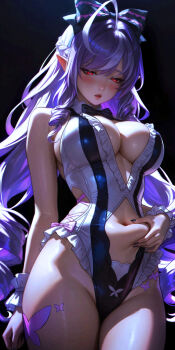 1girl ahoge belly_grab black_nails blonde_hair blush bow bowtie braid breasts commentary_request cowboy_shot fingernails frilled_wrist_cuffs frills groin hair_bow half_up_braid highres large_breasts long_hair looking_down mole mole_under_eye multicolored_hair nail_polish navel official_alternate_costume one-piece_swimsuit parted_lips pointy_ears purple_bow purple_bowtie purple_hair red_eyes sidelocks solo stomach streaked_hair swimsuit thighs very_long_hair vivian_banshee vivian_banshee_(iris_of_the_shore) weight_conscious white_one-piece_swimsuit white_wrist_cuffs wo_jiushi_kanbudong wrist_cuffs zenless_zone_zero