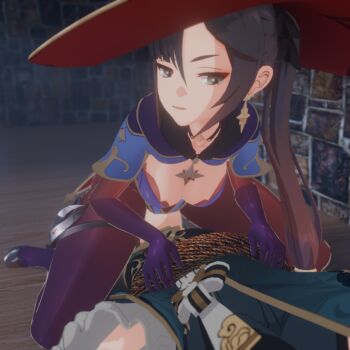 Rule 34 | 1boy, 1girl, assertive female, b-banto, bdsm, bodysuit, bondage, bound, breasts, ear ornament, earrings, face in ass, femdom, genshin impact, grey eyes, hat, hetero, highres, jewelry, looking at another, looking down, mona (genshin impact), necklace, night, on floor, pantyhose, red hat, reverse ryona, rope, seiza, self-upload, shibari, shoulder pads, sitting, sitting on face, sitting on person, thick thighs, thighs, twintails, wizard hat, xingqiu (genshin impact)