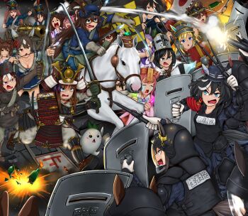 6+girls 96sikisuzume absurdres agnes_digital_(lovely_jiangshi)_(umamusume) agnes_digital_(umamusume) agnes_tachyon_(umamusume) air_groove_(umamusume) animal_ears antique_cannon armor arrow_(projectile) aston_machan_(umamusume) baton_(weapon) black_hair blonde_hair blue_eyes bow bow_(weapon) breasts brown_hair cannon cavalry_sword cleavage coffee commentary cosplay cup daiwa_scarlet_(umamusume) domino_mask double_v drinking_glass ear_bow ear_chain ear_covers ears_through_headwear el_condor_pasa_(umamusume) erlenmeyer_flask eye_mask flamethrower flask french_army glint gloves glowstick gold_ship_(racehorse) gold_ship_(umamusume) gold_ship_(umamusume)_(cosplay) grass_wonder_(umamusume) grenade_launcher grey_gloves grey_sash haru_urara_(umamusume) hat headgear helm helmet highres holding holding_arrow holding_baton_(weapon) holding_bow_(weapon) holding_cup holding_flamethrower holding_flask holding_polearm holding_shield holding_sword holding_weapon horse horse_ears horse_girl japanese_armor javelin_(spear) jiangshi kabuto_(helmet) katana katsuragi_ace_(umamusume) kepi kii-kun_(agnes_tachyon)_(umamusume) king_halo_(umamusume) kitasan_black_(umamusume) knight kote kusazuri legionnaire linked_piercing long_sleeves manhattan_cafe_(umamusume) mask mejiro_mcqueen_(umamusume) military_hat molotov_cocktail multicolored_hair multiple_girls napoleonic_wars neo_universe_(umamusume) no_reason_(umamusume) piercing pillbox_hat pilum pink_hair plume polearm protest ramrod real_life red_mask red_sash riot_police riot_shield roman_armor roman_empire saber_(weapon) samurai sash sasumata satono_diamond_(floral_star_prosperous_green)_(umamusume) satono_diamond_(umamusume) shield shikoro shoulder_armor smoke sode soviet_army special_week_(umamusume) streaked_hair suneate swimsuit sword talisman teutonic_knight twintails umamusume united_states_army v vodka_(umamusume) weapon white_streaks yellow_bow yellow_eyes