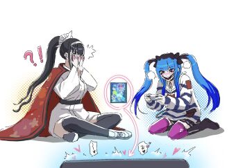 !? 2girls amemiya_darumi belt black_belt black_boots black_hair black_thighhighs blue_hair blush boots cape commentary_request controller game_controller hairband hashtag-only_commentary highres holding holding_controller holding_game_controller japanese_clothes killanyone00 long_sleeves magadori_kyoshika multicolored_hair multiple_girls pink_eyes pink_thighhighs playing_games ponytail red_cape shoes sitting the_hundred_line_-last_defense_academy- thighhighs twintails video_game white_hairband white_shoes