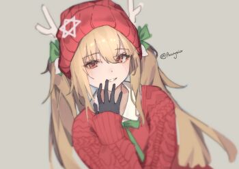 Rule 34 | 1girl, absurdres, alternate costume, antlers, artist name, black gloves, blush, bow, collared shirt, commentary, fake horns, girls' frontline, girls' frontline 2: exilium, gloves, green bow, green ribbon, grey background, grin, hair bow, hat ornament, hexagram, highres, horns, korean commentary, lenna (girls' frontline 2), looking at viewer, neck ribbon, orange eyes, red sweater, reindeer antlers, ribbon, shirt, simple background, smile, solo, star (symbol), star hat ornament, star of david, sweater, twintails, ump9 (girls' frontline), vl (auvysio), white shirt
