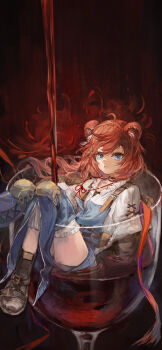 1girl absurdres ahoge alcohol animal_ears arknights arm_support bear_ears bear_girl belt belt_pouch black_boots black_choker blue_eyes blue_leg_warmers blue_overalls boots brown_hair choker cup drinking_glass foot_out_of_frame hair_flowing_over hair_ornament highres jewelry karenncat knee_pads knees_together_feet_apart knees_up leg_warmers long_hair looking_at_viewer mini_person minigirl multiple_belts necklace overall_shorts overalls parted_lips partially_submerged pouch red_background red_ribbon ribbon shirt short_shorts shorts sidelocks solo suspenders swept_bangs thighs v-neck vetochki_(arknights) white_shirt wine wine_glass