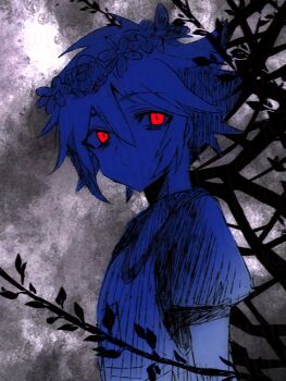 1boy basil_(headspace)_(omori) basil_(omori) closed_mouth commentary_request double-parted_bangs flower flower_wreath hair_between_eyes head_wreath highres kauchi_(kani10cauchi) limited_palette looking_at_viewer male_focus omori overalls plant red_eyes shirt short_hair short_sleeves sidelocks solo t-shirt upper_body vines