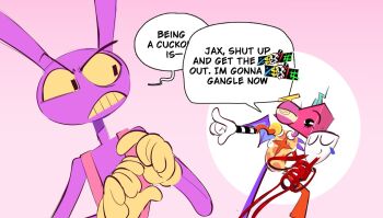 1boy 1girl 1other animal_ears censored_profanity commentary english_commentary english_text furry furry_male gangle_(the_amazing_digital_circus) gloves jax_(the_amazing_digital_circus) oh_joy_sex_toy other_with_female overalls pink_overalls pointing rabbit_boy rabbit_ears red_ribbon ribbon smile the_amazing_digital_circus triangle vvickydisc yellow_gloves zooble_(the_amazing_digital_circus)