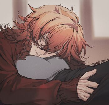 2boys blonde_hair braid commentary english_commentary gradient_hair hands_on_another's_waist head_on_ass highres honkai:_star_rail honkai_(series) male_focus medium_hair multicolored_hair multiple_boys mydei_(honkai:_star_rail) phainon_(honkai:_star_rail) red_hair red_sweater side_braid sweater tychee_11 yaoi yellow_eyes