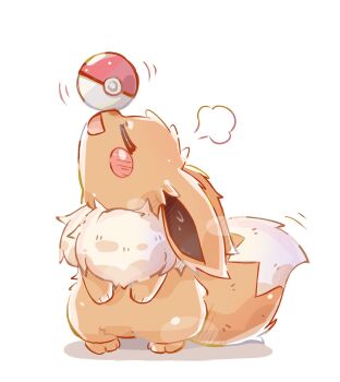 animal_focus balancing balancing_ball blush blush_stickers brown_fur closed_eyes eevee full_body gen_1_pokemon highres nintendo no_humans open_mouth poke_ball poke_ball_(basic) pokemon pokemon_(creature) pokemon_focus ramuawa simple_background tail