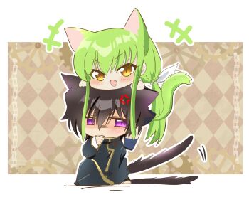 +++ 1boy 1girl :d absurdres anger_vein angry animal_ears argyle_background ayuko_735 black_hair blush c.c. cat_boy cat_ears cat_girl cat_tail chibi chin_rest code_geass commentary_request expressive_tail fang green_hair hair_between_eyes hair_ribbon hand_up happy head_on_head head_rest highres jitome kemonomimi_mode lelouch_vi_britannia light_brown_background long_hair looking_at_viewer low_ponytail motion_lines open_mouth ponytail purple_eyes ribbon shaded_face short_hair sidelocks simple_background sitting skin_fang slit_pupils smile straight_hair tail tail_raised two-tone_background v-shaped_eyebrows very_long_hair white_background white_ribbon yellow_eyes