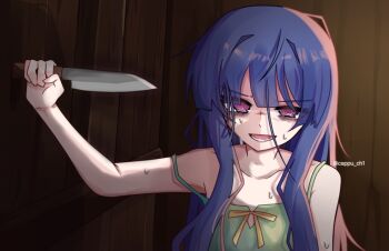 1girl @_@ artist_name bags_under_eyes bare_shoulders blue_hair blunt_bangs cappu_ch1 clenched_hand collarbone dress eyes_visible_through_hair furude_rika green_dress higurashi_no_naku_koro_ni holding holding_knife indoors knife long_hair looking_at_viewer lower_teeth_only meakashi-hen nervous_sweating open_mouth pink_eyes purple_eyes ribbon ringed_eyes scene_reference sleeveless sleeveless_dress solo spaghetti_strap strap_slip sundress sweat teeth twitter_username upper_body wooden_wall yellow_ribbon