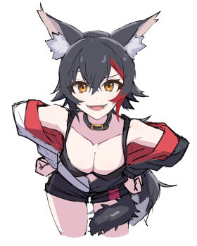1girl alternate_hairstyle animal_ear_fluff animal_ears black_collar black_hair black_shorts black_tail breasts cleavage collar commentary cowboy_shot crona_(soul_eater) cropped_legs crossed_bangs double-parted_bangs eihire flipped_hair hair_between_eyes hair_ornament hairclip hands_on_own_hips hololive jacket leaning_forward long_hair long_sleeves looking_at_viewer low_ponytail medium_breasts multicolored_hair multicolored_jacket no_legwear official_alternate_costume ookami_mio ookami_mio_(hoodie) open_clothes open_jacket open_mouth partially_unzipped ponytail raised_eyebrow red_streaks short_shorts shorts sidelocks simple_background single_hair_streak solo streaked_hair tail tail_around_own_leg tail_wrap two-tone_jacket very_long_hair virtual_youtuber white_background white_jacket wolf_ears wolf_girl wolf_tail yellow_eyes