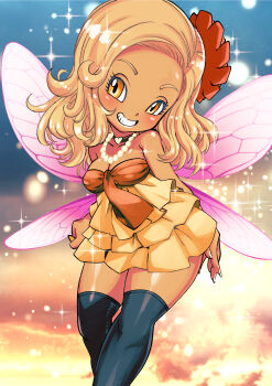 1girl absurdres arms_behind_back bare_shoulders bead_necklace beads black_thighhighs blonde_hair breasts choker cleavage colored_eyelashes commentary_request dark-skinned_female dark_skin dragon_quest dragon_quest_ix dragon_quest_x dress fairy fairy_wings flower ganguro gradient_background grin gyaru hair_flower hair_ornament head_tilt heart heart_choker highres jewelry long_hair looking_to_the_side medium_breasts muramasa_mikado necklace orange_dress partial_commentary pink_wings sandy_(dq9) side_part smile solo sparkle strapless strapless_dress tan thighhighs thighs white_nails wide_hips wings yellow_eyes