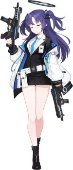 1girl arm_at_side belt belt_pouch black_gloves black_halo black_jacket black_shoes black_socks blue_archive blue_necktie breasts closed_eyes closed_mouth coat collared_shirt drawstring dual_wielding expressionless facing_viewer female_focus full_body game_asset gloves gun hair_ornament half_gloves halo hand_up holding holding_gun holding_weapon hwansang id_card jacket large_variant_set layered_sleeves legs long_hair long_sleeves mechanical_halo medium_breasts miniskirt necktie off_shoulder official_art open_clothes open_coat pleated_skirt pocket pouch purple_hair school_uniform shirt shoes sidelocks sig_mpx simple_background skirt socks solo submachine_gun tachi-e thighs third-party_source transparent_background triangle_hair_ornament trigger_discipline two-sided_coat two-sided_fabric two_side_up u_u variant_set weapon white_coat white_shirt yuuka_(blue_archive)