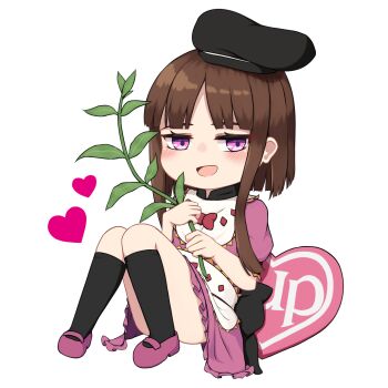 Rule 34 | 1girl, 1up, apron, black bow, black hat, black socks, bow, brown hair, commentary request, convenient leg, dress, hat, heart, highres, kneehighs, mary janes, mashirohiyuki, myouga (plant), nishida satono, puffy short sleeves, puffy sleeves, purple dress, purple eyes, purple shoes, red bow, red ribbon, ribbon, shoes, short hair with long locks, short sleeves, socks, solo, tate eboshi, touhou, transparent background, waist apron, waist bow