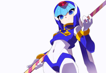 Rule 34 | 1girl, armor, blue armor, blue eyes, blue helmet, commentary request, cowboy shot, fairy leviathan (mega man), forehead jewel, helmet, holding, holding polearm, holding weapon, kaidou zx, mega man (series), mega man zero (series), polearm, simple background, solo, weapon, white background