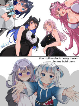 6+girls :&lt; absurdres alternate_costume animal_ear_fluff animal_ears arms_up beret black_dress black_hair black_hat blue_bow blue_bowtie blue_eyes blue_gemstone blue_hoodie blush bow bowtie breast_awe breast_shadow breasts brown_eyes closed_mouth colored_inner_hair drawstring dress earrings english_text fangs gawr_gura gawr_gura_(1st_costume) gem grey_hair hair_intakes hair_ornament hat heart-shaped_gem highres hololive hololive_english hood hoodie jewelry koseki_bijou large_breasts long_sleeves meme mori_calliope mori_calliope_(1st_costume) multicolored_hair multiple_girls nerissa_ravencroft nerissa_ravencroft_(1st_costume) open_mouth ouro_kronii ouro_kronii_(1st_costume) panther_ears panther_girl parted_lips pink_eyes pink_hair purple_eyes purple_hair raora_panthera raora_panthera_(1st_costume) ribbed_shirt shadow shark_hair_ornament shirt sleeveless sleeveless_dress smile streaked_hair sweat teeth twitter_username two-tone_hair two_side_up varliet virtual_youtuber white_background white_dress white_hood white_shirt wide_sleeves your_milkers_look_heavy_ma&#039;am_let_me_hold_them_(meme)