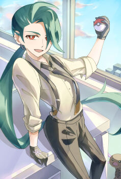 absurdres black_gloves black_necktie black_pants blue_sky bright_pupils cloud collared_shirt commentary_request day ear_piercing earrings eyelashes gloves green_hair grey_shirt hair_over_one_eye highres holding holding_poke_ball indoors jewelry kuroki_elis long_hair looking_at_viewer necktie nintendo open_mouth paldean_wooper pants piercing poke_ball poke_ball_(basic) pokemon pokemon_(creature) pokemon_sv ponytail red_eyes rika_(pokemon) shirt sitting sky smile suspenders very_long_hair white_pupils window