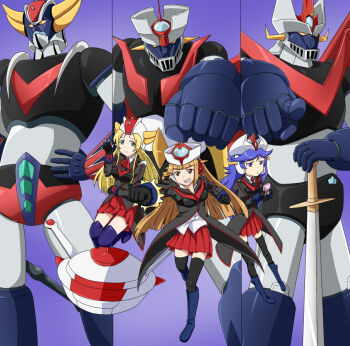 10s 3girls armor black_legwear blonde_hair brown_eyes brown_hair gre-chan great_mazinger great_mazinger_(robot) green_eyes grenda-san grendizer helmet holding holding_sword holding_weapon long_hair looking_at_viewer machinery mazinger_(series) mazinger_z mazinger_z_(mecha) mecha multiple_girls personification pleated_skirt purple_background purple_eyes purple_hair red_skirt robot robot_girls_z simple_background skirt smile sword thighhighs ufo_robo_grendizer unsheathed weapon yoshida_keiji z-chan zettai_ryouiki