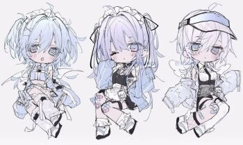 3girls :o ahoge angel_wings apron artist_name artist_request asymmetrical_legwear bandaid bandaid_on_knee bandaid_on_leg bandaid_on_thigh bare_shoulders black_dress black_necktie black_socks blue_eyes blue_hair blue_hat blue_jacket blue_sleeves breasts cartoon_wings chibi closed_mouth collar collared_jacket crossed_bandaids demon_wings detached_collar detached_sleeves dress eyelashes eyes_visible_through_hair fishnet_socks fishnets frilled_apron frilled_socks frilled_suspenders frills grey_background hair_between_eyes hair_ornament hairclip hat heterochromia high_collar jacket leg_warmers light_blush light_frown long_hair long_sleeves looking_at_viewer maid_headdress mismatched_legwear multiple_girls necktie o-ring one_eye_closed open_clothes open_jacket open_mouth original parted_lips pink_hair puffy_long_sleeves puffy_sleeves purple_eyes purple_hair ribbed_thighhighs see-through_clothes see-through_headwear shirt shoes short_hair short_twintails shorts simple_background single_sock single_thighhigh sleeveless sleeveless_dress sleeves_past_fingers sleeves_past_wrists sneakers socks source_request strapless strapless_shirt suspender_shorts suspenders thigh_strap thighhighs third-party_source twintails visor_cap watermark white_apron white_collar white_leg_warmers white_shoes white_shorts white_socks white_thighhighs white_wings winged_shoes wings x_hair_ornament