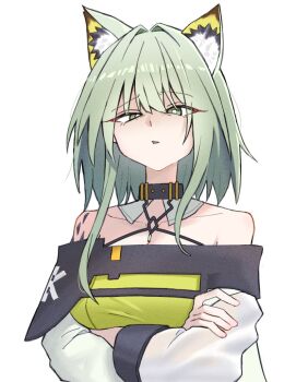 1girl animal_ear_fluff animal_ears arknights bare_shoulders bright_pupils collarbone commentary_request crossed_arms disgust green_eyes green_hair hair_between_eyes halterneck kal'tsit_(arknights) long_sleeves material_growth off_shoulder oripathy_lesion_(arknights) parted_lips rnochi0812 short_hair_with_long_locks simple_background solo upper_body white_background white_pupils