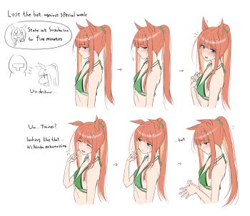 1boy 2girls absurdres animal_ears arrow_(symbol) bare_shoulders blunt_bangs blush brown_hair cheerleader closed_eyes collarbone flat_chest flustered flying_sweatdrops green_sports_bra hair_ornament hairclip hand_on_own_face hands_up high_ponytail highres horse_ears horse_girl index_finger_raised kimchi_(user_mpzz8457) long_hair looking_at_viewer motion_lines multiple_girls multiple_views notice_lines own_hands_together ponytail silence_suzuka_(umamusume) sports_bra staring t-head_trainer_(umamusume) trainer_(umamusume) umamusume very_long_hair