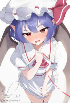 1girl ascot bat_wings blue_hair blush commentary_request embarrassed frilled_skirt frills hat hat_ribbon highres mob_cap pointy_ears puffy_short_sleeves puffy_sleeves red_ascot red_eyes remilia_scarlet ribbon shirt short_sleeves signature simple_background skirt skirt_set solo string string_of_fate touhou twitter_username white_background white_hat white_shirt white_skirt wings yuwano_(yuwanoonsen)