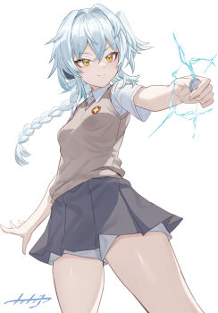 Rule 34 | 1girl, arpeggio kaga, blue hair, braid, breasts, buling (wuthering waves), closed mouth, coin, commentary request, cosplay, electricity, electrokinesis, fighting stance, grey shorts, grey skirt, grey vest, hair intakes, headphones, highres, holding, holding coin, long hair, looking afar, looking to the side, medium breasts, misaka mikoto, misaka mikoto (cosplay), railgun (misaka mikoto), school uniform, shirt, shorts, shorts under skirt, simple background, skirt, smile, solo, summer uniform, toaru kagaku no railgun, toaru majutsu no index, tokiwadai school uniform, vest, white background, white shirt, wuthering waves, yellow eyes