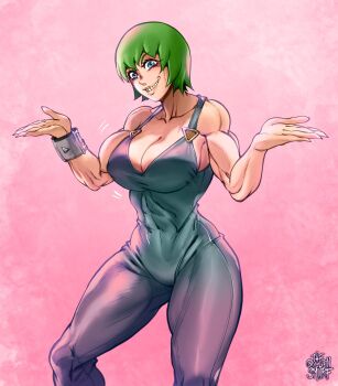 1girl abs ass blue_eyes bodysuit breasts female_focus foo_fighters_(jojo) green_hair highres jojo_no_kimyou_na_bouken large_breasts looking_at_viewer muscular muscular_arms muscular_female pink_background redrawn short_hair smile solo stone_ocean suspenders the_golden_smurf