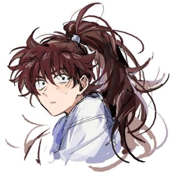 Rule 34 | 1boy, ahoge, black eyes, blush, brown hair, commentary request, doi hansuke, hair between eyes, high ponytail, japanese clothes, kimono, long hair, looking at viewer, male focus, parted lips, ponytail, portrait, rakudai ninja rantarou, simple background, sketch, solo, sweatdrop, tyoookozuki, upper body, white background, white kimono