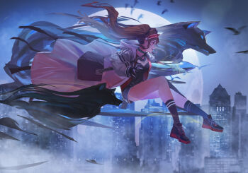 Rule 34 | 1girl, :d, absurdres, angelina (arknights), animal ears, arknights, bag, bird, black bag, black collar, black gloves, black shirt, black shorts, black socks, brown hair, building, chinese commentary, coat, collar, commentary request, earpiece, extra ears, floating, flock, fox, fox ears, from side, full body, full moon, gloves, hairband, highres, holding, holding staff, hood, hooded coat, infection monitor (arknights), jacket, kneehighs, levitation, long hair, long sleeves, messenger bag, moon, night, open clothes, open coat, open jacket, open mouth, originium arts (arknights), outdoors, red eyes, red hairband, red jacket, red shoes, shirt, shoes, short sleeves, shorts, shoulder bag, skyscraper, smile, sneakers, socks, solo, staff, striped clothes, striped hairband, twintails, two-tone hairband, upper body, white coat, xuanji