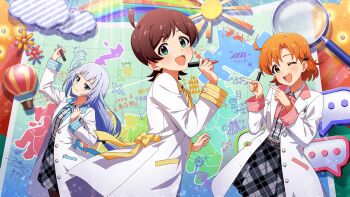 aircraft belt blue_eyes boat brown_hair buttons cloud coat crab drawing_(object) earrings game_cg green_eyes holding hot_air_balloon idolmaster idolmaster_million_live! idolmaster_million_live!_theater_days japanese_text jewelry kinoshita_hinata magnifying_glass map marker oar official_art one_eye_closed open_mouth orange_eyes orange_hair orca pointing rainbow shiraishi_tsumugi skirt sun watercraft white_hair yabuki_kana