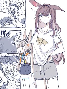 2girls animal_ears arknights chibi highres multiple_girls one_eye_closed rabbit_ears rabbit_girl ray_(arknights) sleeping sleepy standing waking_another waking_up warmy_(arknights) white_background yunomi_(yunomi1129)