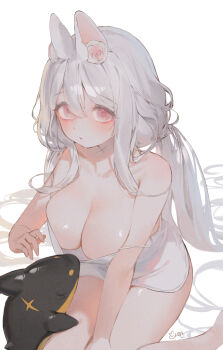 1girl :o absurdly_long_hair animal_ears blush breasts camisole camisole_pull cleavage clothes_pull collarbone commentary double_strap_slip grey_camisole grey_hair hair_spread_out hayan highres large_breasts long_hair looking_at_viewer no_pants original parted_lips pink_eyes shark shiny_skin simple_background sitting solo symbol-only_commentary very_long_hair white_background