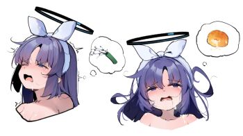 1girl blue_archive blue_halo blush breasts chinese_commentary commentary_request drooling halo implied_ejaculation implied_sex long_hair mechanical_halo medium_breasts official_alternate_costume open_mouth painterliuhao purple_eyes purple_hair simple_background speech_bubble spoken_object thought_bubble white_background yuuka_(blue_archive) yuuka_(pajamas)_(blue_archive)