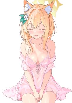 1girl absurdres animal_ear_fluff animal_ears armpit_crease blue_archive breasts breasts_apart cat_ears closed_eyes collarbone commentary covered_erect_nipples covered_navel covered_pussy flower hair_flower hair_intakes hair_ornament halo highres light_blush mari_(blue_archive) medium_breasts mo_mo_mo79 nightgown open_mouth orange_hair pink_nightgown pussy see-through_clothes see-through_nightgown simple_background sitting solo sweatdrop symbol-only_commentary thigh_gap white_background