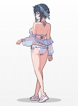 1girl arknights bare_shoulders bikini black_hair breasts feather_hair from_behind gamepix hashtag-only_commentary jacket jacket_partially_removed la_pluma_(arknights) la_pluma_(summer_flowers)_(arknights) medium_breasts official_alternate_costume pixel_art sandals see-through_clothes see-through_jacket side-tie_bikini_bottom solo standing swimsuit white_bikini
