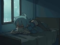 1boy ahoge animated ari_yea_(kenoru) bed bedroom blue_hair breath closed_eyes commentary crotch_rub dry_humping hair_between_eyes holding_another's_arm humping kenoru looping_animation lowres male_focus male_masturbation masturbation masturbation_through_clothes night open_mouth original pillow pillow_humping shota snowing solo stuffed_animal stuffed_toy sweat symbol-only_commentary tagme teddy_bear teddy_bear_sex through_clothes video
