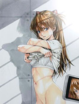 1girl blue_eyes bra breasts brown_hair cellphone cellphone_photo closed_mouth clothes_lift dressing hairpods highres indoors katsu_(24791909) lifting_own_clothes long_hair looking_at_viewer marker_(medium) navel neon_genesis_evangelion one_side_up paid_reward_available phone recording shirt shirt_lift short_sleeves small_breasts smartphone solo souryuu_asuka_langley t-shirt traditional_media underwear white_bra white_shirt