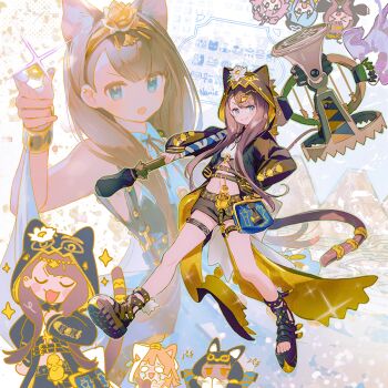 Rule 34 | 1girl, animal hood, arknights, black shorts, blue eyes, cat hood, cat tail, chibi, hammer, hood, long hair, multiple views, namie-kun, pepe (arknights), shorts, tail, thigh strap, very long hair, walking, weapon