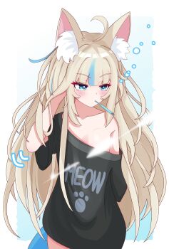 Rule 34 | 1girl, absurdres, animal ear fluff, animal ears, blonde hair, blue eyes, blush, breasts, brushing teeth, cat ears, clothes writing, english text, eyelashes, fins, fish tail, highres, indie virtual youtuber, light censor, light rays, long hair, long shirt, messy hair, motion lines, multicolored hair, rei (2812q), sameko saba, short sleeves, simple background, small breasts, sunbeam, sunlight, tail, toothbrush, very long hair, virtual youtuber