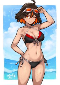 1girl ;) adjusting_eyewear ahoge artist_name bare_arms bare_shoulders bikini black_bikini blue_sky body_freckles border breasts brown_hair cloud cloudy_sky colored_inner_hair commentary commission cowboy_shot double-parted_bangs english_commentary eyewear_lift freckles front-tie_bikini_top front-tie_top gluteal_fold goggles goggles_on_head hair_between_eyes hand_on_eyewear hand_on_own_hip highres ko-fi_commission large_breasts looking_at_viewer multicolored_bikini multicolored_hair nail_polish navel ocean one_eye_closed orange_eyes orange_nails original outside_border red_bikini rotomdocs short_hair side-tie_bikini_bottom sky smile solo standing streaked_hair swimsuit two-tone_bikini two-tone_hair water